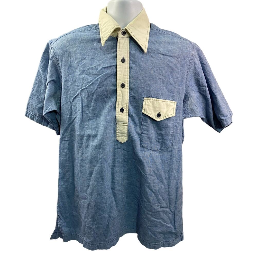 Neiman Marcus Shirt 16-16 1/2 Short Sleeve Button Up Mens Blue Vintage Pocket